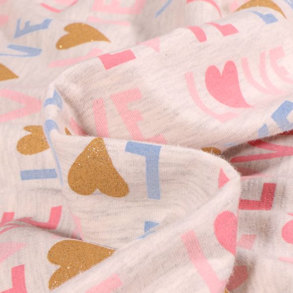 Tissu Jersey Coton LOVE sur fond Gris chiné - Par 10 cm