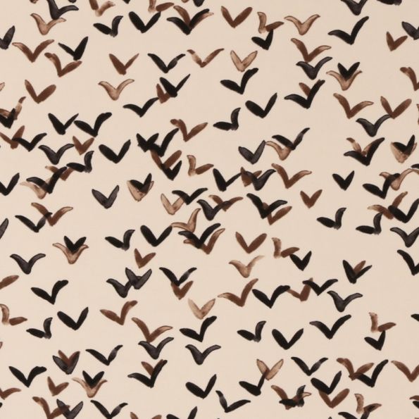 Tissu Satiné Oiseaux Noirs et Bruns sur fond Ecru - Par 10 cm