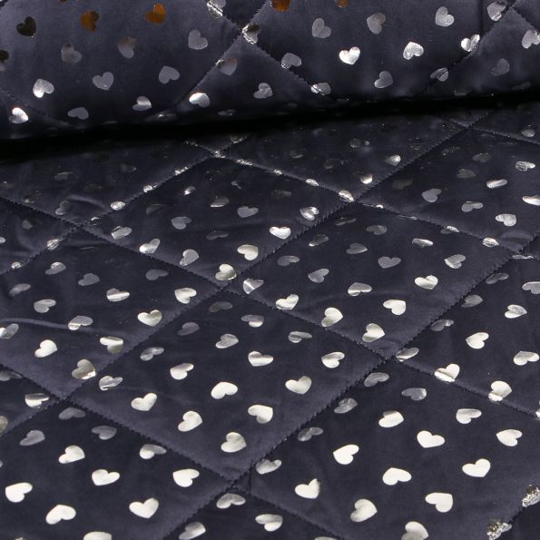Tissu Doudoune matelassé Coeurs métalisés argent sur fond Bleu marine - Par 10 cm