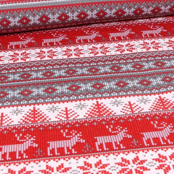 Tissu Jersey Coton molletonné Noël sur fond Gris - Par 10 cm