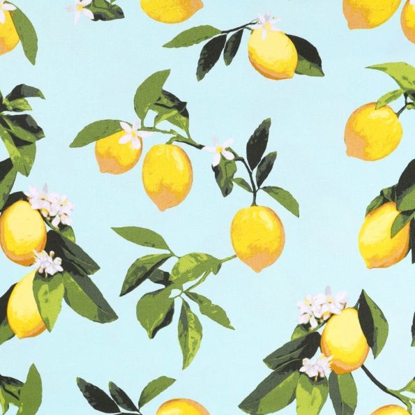 Tissu Coton Satiné Citrons Jaunes et verts sur fond Aqua - Par 10 cm