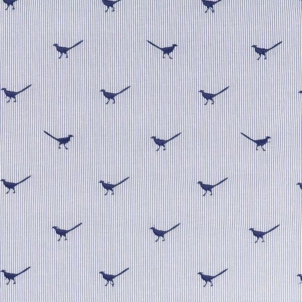 Tissu Brodé Oiseaux Bleu marine sur fond Rayé bleu et blanc - Par 10 cm
