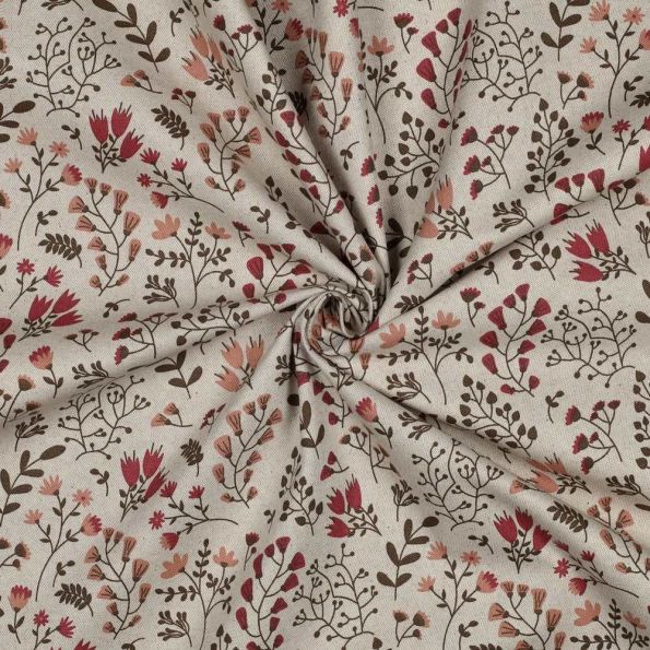 Tissu Toile Polycoton canvas enduit aspect lin petites fleurs Mauve sur fond Naturel - Par 10 cm