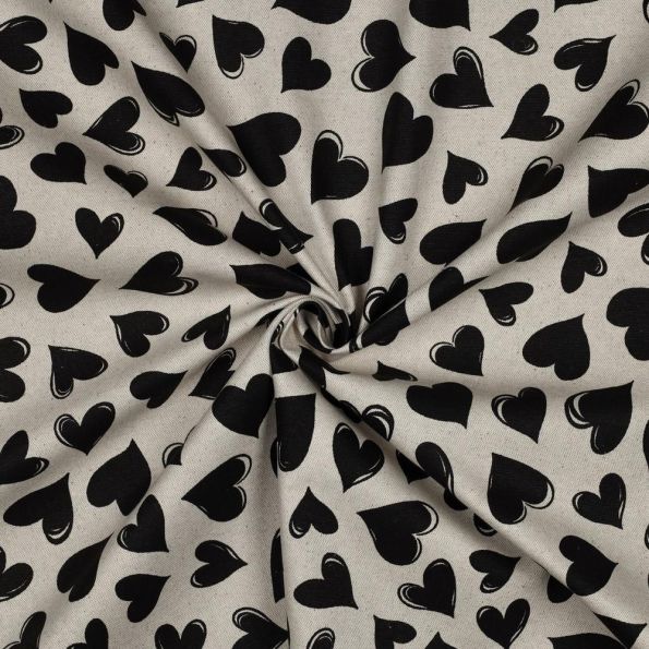 Tissu Toile Polycoton canvas enduit aspect lin Coeurs Noir sur fond Naturel - Par 10 cm