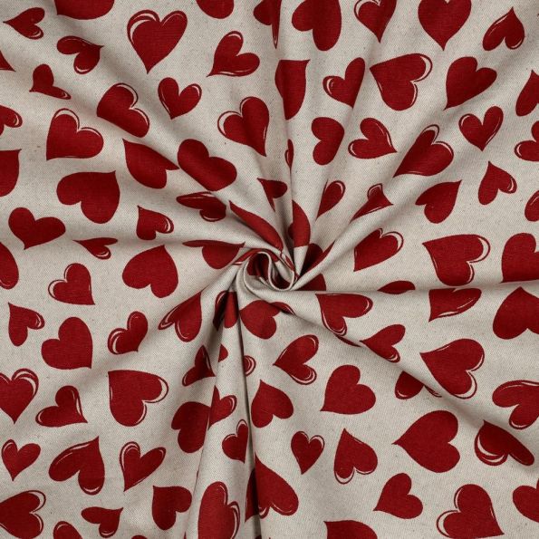 Tissu Toile Polycoton canvas enduit aspect lin Coeurs Rouge sur fond Naturel - Par 10 cm