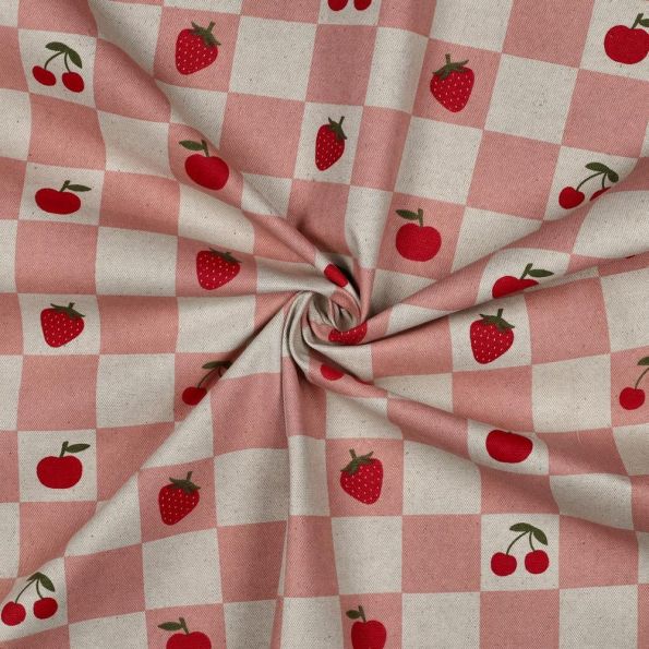 Tissu Toile Polycoton canvas enduit aspect lin Bella carreaux Rose sur fond Naturel - Par 10 cm