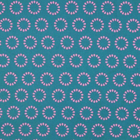 Tissu Polycoton  Rosace Pop fuchsia sur fond Bleu canard - Par 10 cm