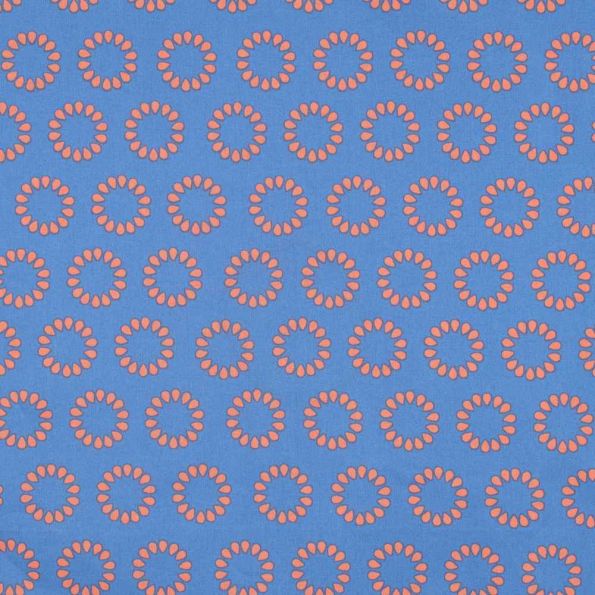 Tissu Polycoton  Rosace Pop orange sur fond Bleu lavande - Par 10 cm