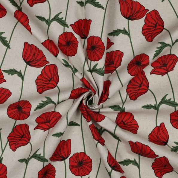 Tissu Toile Coton Canvas Enduit aspect Lin Coquelicots sur fond Naturel - Par 10 cm