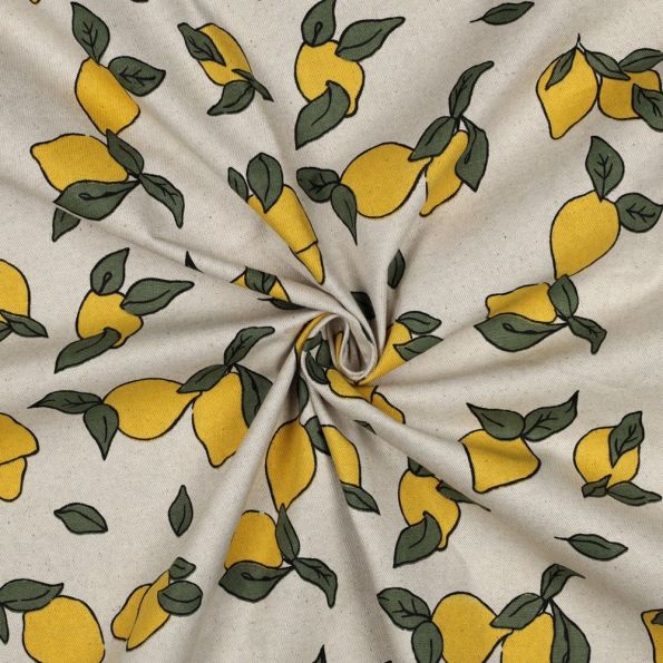 Tissu Toile Coton Canvas Enduit aspect Lin Citrons sur fond Naturel - Par 10 cm