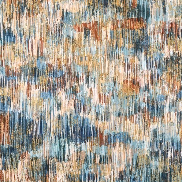 Tissu Coton Robert Kaufman Fusion Pailleté Traits impressionnisme Doré, bleu, et marron sur fond beige - Par 10 cm