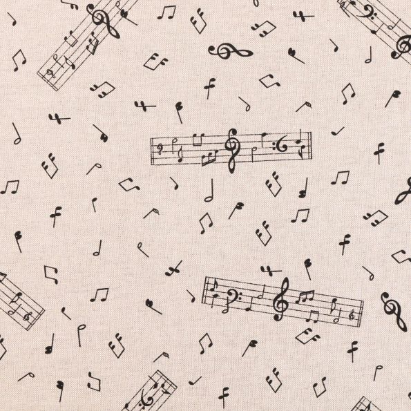 Tissu Toile Coton Aspect Lin Notes de musique noires sur fond Beige - Par 10 cm