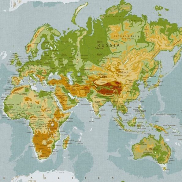 Tissu Toile Coton Panneau de 62 x 140 cm Carte du monde verte et marron sur fond Bleu