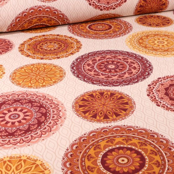 Tissu Toile de Coton Rosaces orange et bordeaux sur fond Beige - Par 10 cm