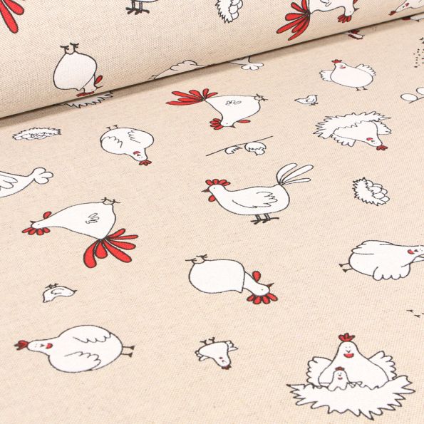 Tissu Toile de Coton Poulettes sur fond Beige - Par 10 cm