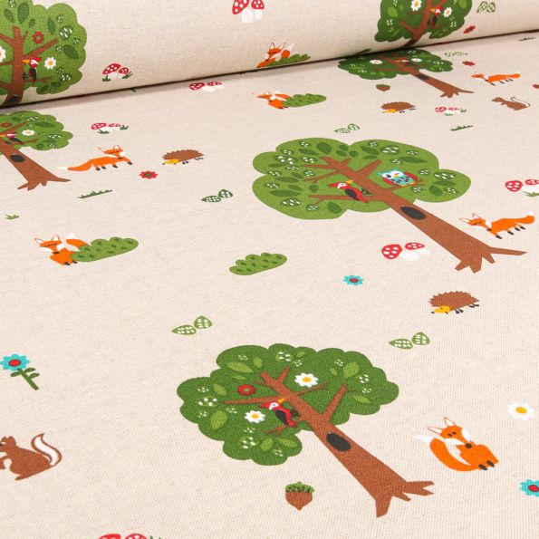 Tissu Toile de Coton Forest sur fond Beige - Par 10 cm