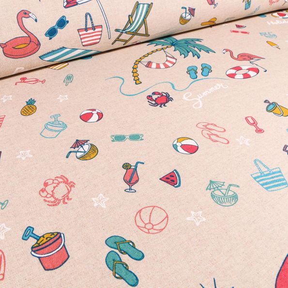 Tissu Toile de Coton A la plage ! sur fond Naturel - Par 10 cm