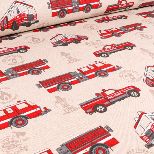 Tissu Toile de Coton Casernes des pompiers sur fond Naturel - Par 10 cm