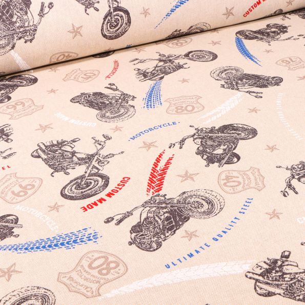 Tissu Toile de Coton Motos rider sur fond Naturel - Par 10 cm