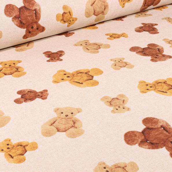 Tissu Toile de Coton Nounours en peluche sur fond Naturel - Par 10 cm