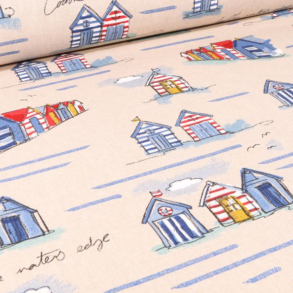 Tissu Toile de Coton Cabanes de plage sur fond Naturel - Par 10 cm