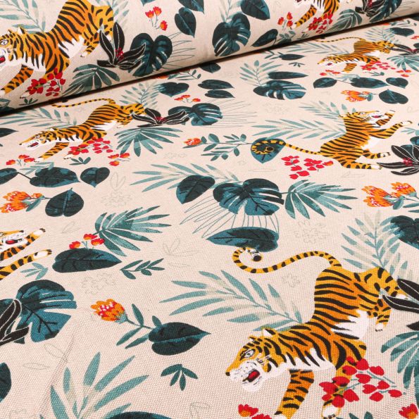 Tissu Toile de Coton Tigre jungle sur fond Naturel - Par 10 cm