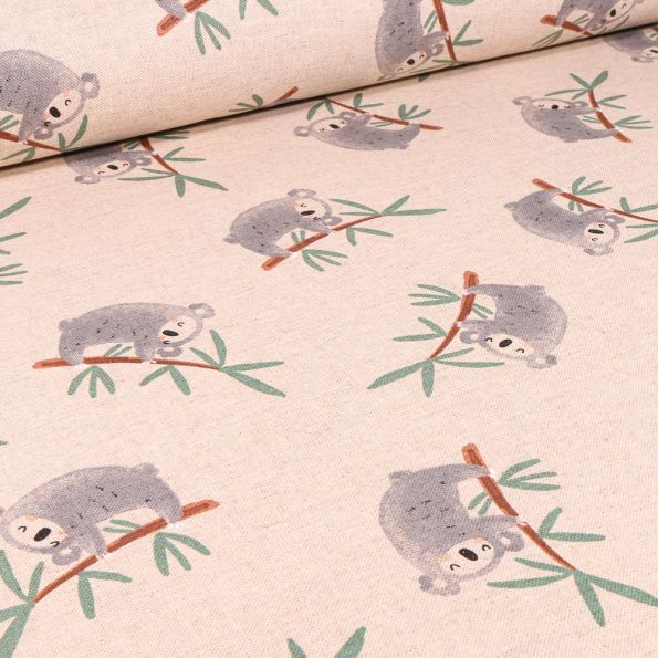 Tissu Toile de Coton Koala et bambou sur fond Naturel - Par 10 cm
