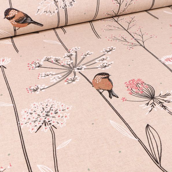 Tissu Toile de Coton Rouge-gorge et fleurs sur fond Naturel - Par 10 cm