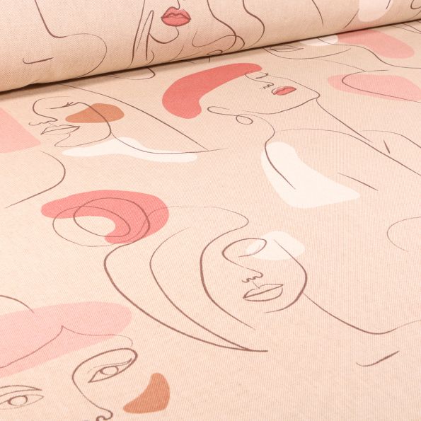 Tissu Toile de Coton Visages féminins sur fond Naturel - Par 10 cm