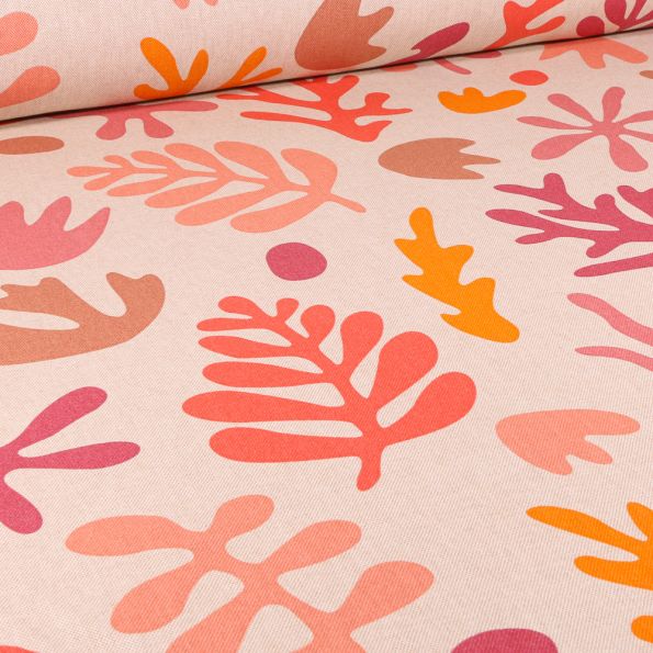 Tissu Toile de Coton Coraux colorés sur fond Naturel - Par 10 cm