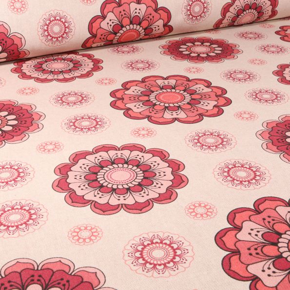 Tissu Toile de Coton Rosaces rose sur fond Naturel - Par 10 cm