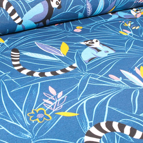 Tissu Toile de Coton Ottoman Lémurien et végétations sur fond Bleu - Par 10 cm