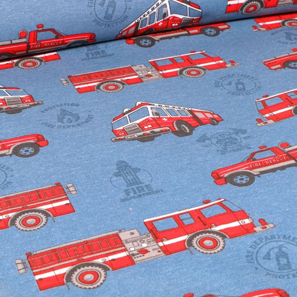 Tissu Toile de Coton Ottoman Camions de pompier sur fond Bleu denim - Par 10 cm