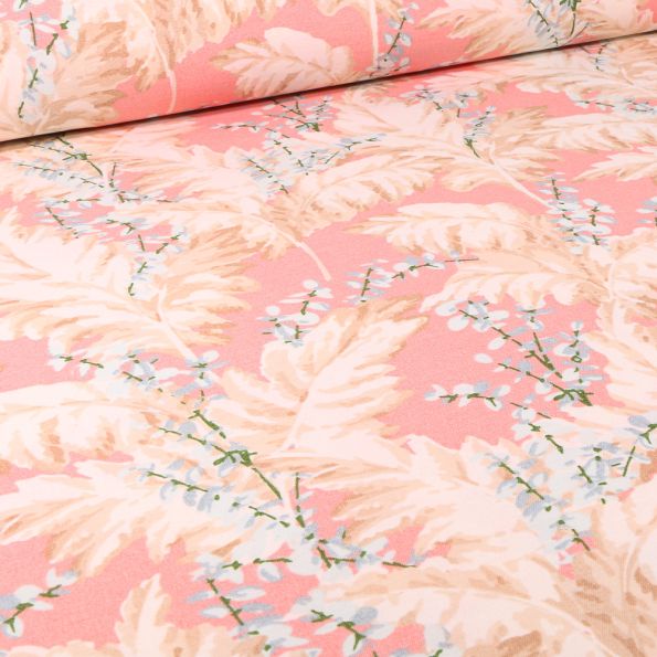 Tissu Toile de Coton Ottoman Feuilles de pampa et fleurs sur fond Rose - Par 10 cm