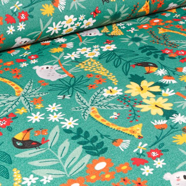 Tissu Toile de Coton Ottoman Jungle flower sur fond Vert émeraude - Par 10 cm
