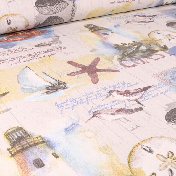 Tissu Toile de Coton Ottoman Phares et motifs marins sur fond Blanc cassé - Par 10 cm