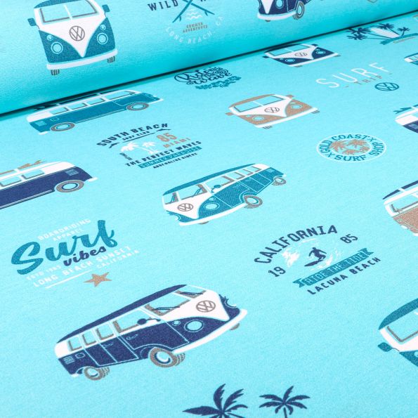 Tissu Toile de Coton Ottoman sous licence Van Volkswagen surf vibes sur fond Bleu turquoise - Par 10 cm