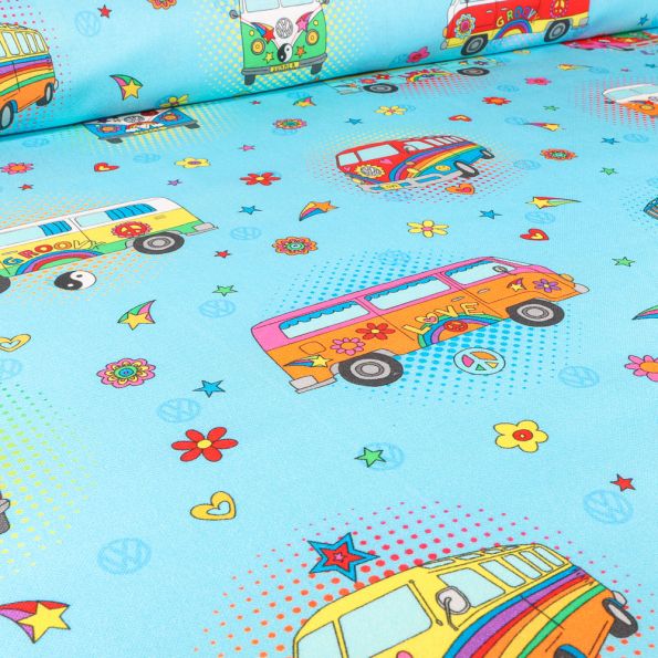 Tissu Toile de Coton Demi-Panama sous licence Volkswagen peace sur fond Bleu turquoise - Par 10 cm