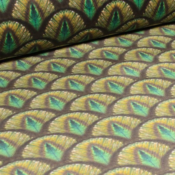 Tissus Velours d'ameublement épais tout doux Paon sur fond Marron - Par 10 cm