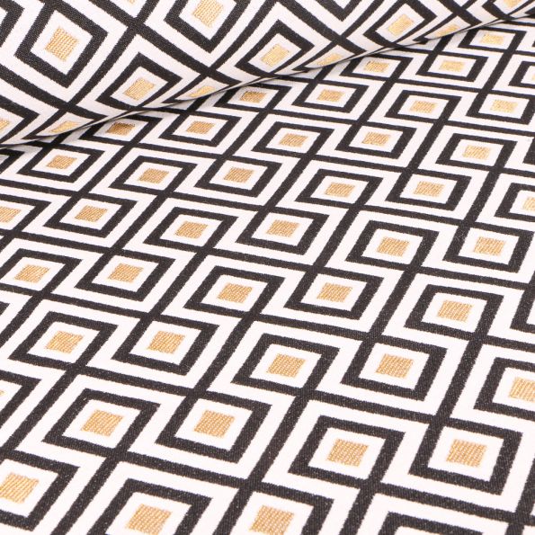 Tissu Jacquard Losanges dorés et noirs sur fond Blanc cassé - Par 10 cm