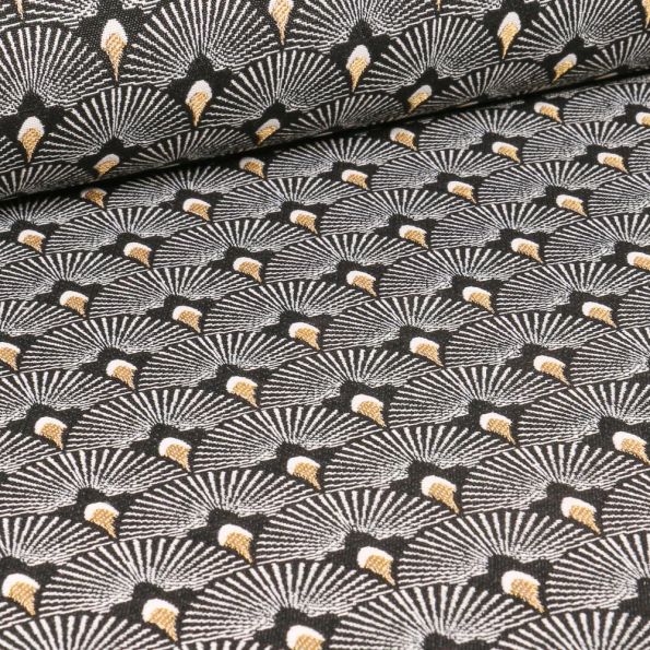 Tissu Jacquard Plumes de paons dorées sur fond Noir - Par 10 cm