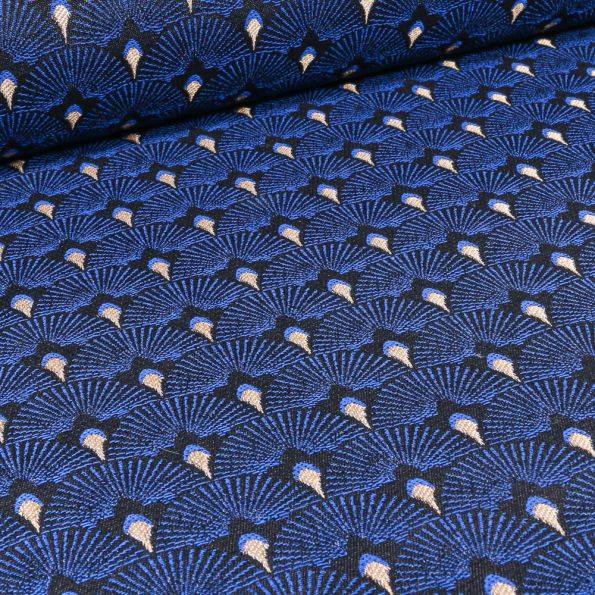 Tissu Jacquard Plumes de paons dorées sur fond Bleu roi - Par 10 cm