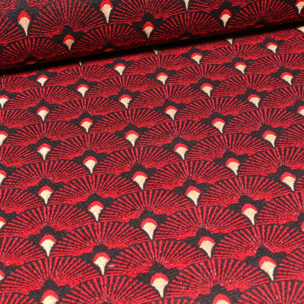 Tissu Jacquard Plumes de paons dorées sur fond Rouge - Par 10 cm