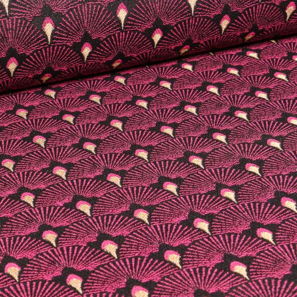 Tissu Jacquard Plumes de paons dorées sur fond Rose fuchsia - Par 10 cm