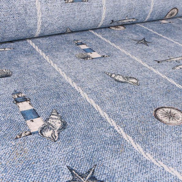 Tissu Jacquard Gobelin Phares et coquillages sur fond Bleu chiné - Par 10 cm