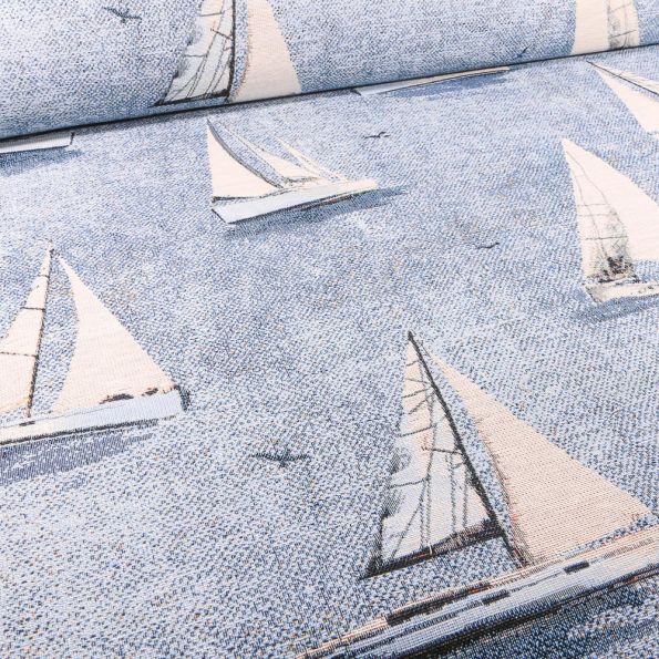 Tissu Jacquard Gobelin Voiliers sur fond Bleu chiné - Par 10 cm