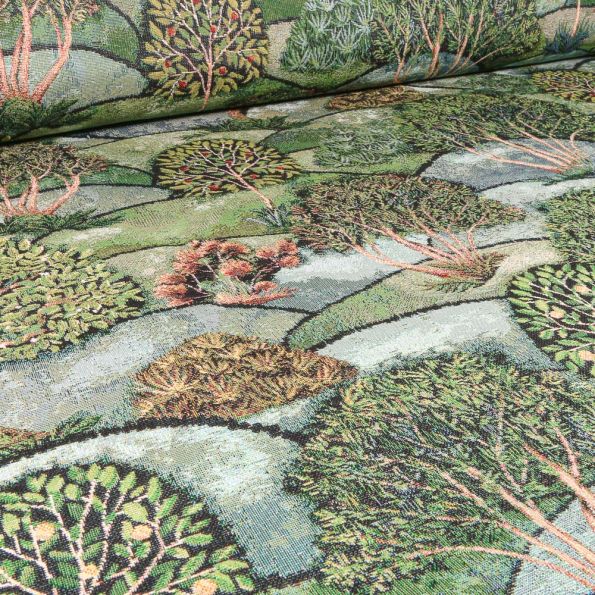Tissu Jacquard Gobelin Végétations sur fond Vert - Par 10 cm