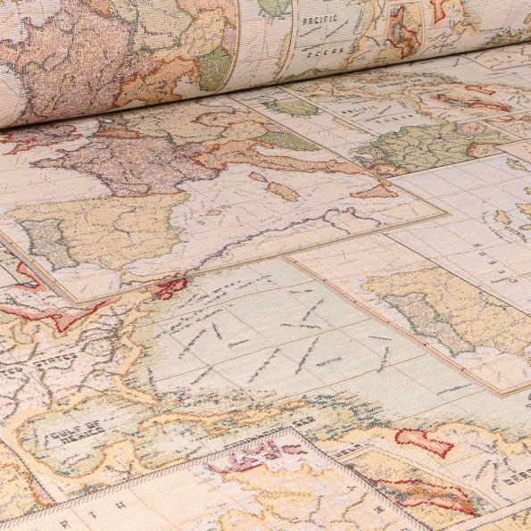 Tissu Jacquard Gobelin Carte du monde sur fond Beige - Par 10 cm