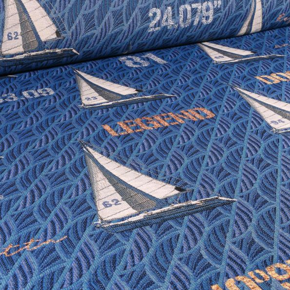 Tissu Jacquard Gobelin Voiliers et écritures sur fond Bleu - Par 10 cm