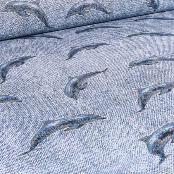 Tissu Jacquard Gobelin Dauphins sur fond Bleu chiné - Par 10 cm